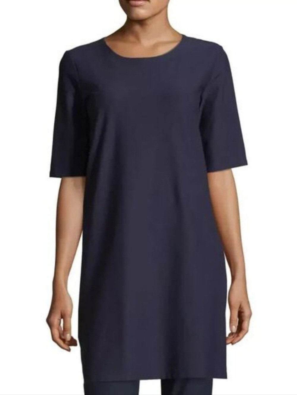 Eileen Fisher Stretch Crepe Midi T-Shirt Dress Side Zip Navy Blue Size L